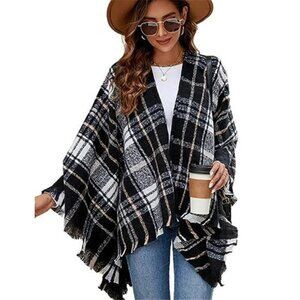 Women Boho Poncho Plaid Shawl Wrap Cape Sweater Cardigan Tassel Fall Winter